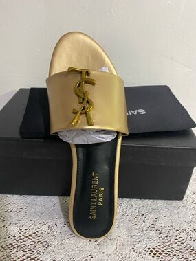 Saint Laurent Metallic Gold YSL Logo Slide Sandal - Women